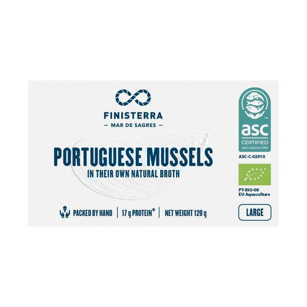 Embalagem de mexilhões biológicos Finisterra, calibre grande, 8 a 14 por lata